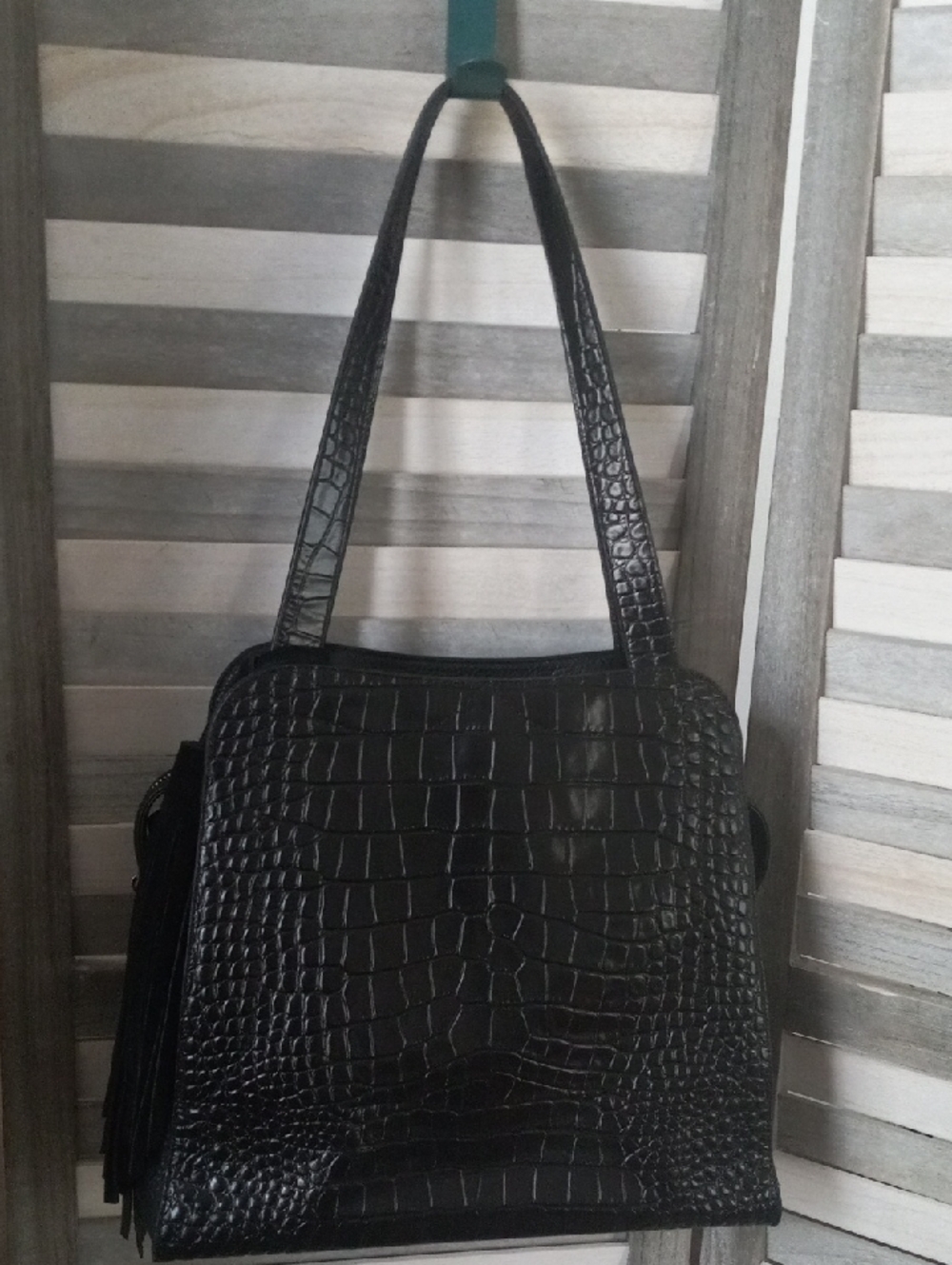 Vince Camuto Black Croc-Embossed Shoulder Bag with Tassel